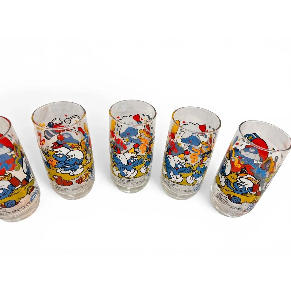 Vintage 1983 Smurf Drinking Glass Lot of 7 Peyo Wallace Berrie Baker Papa Clumsy